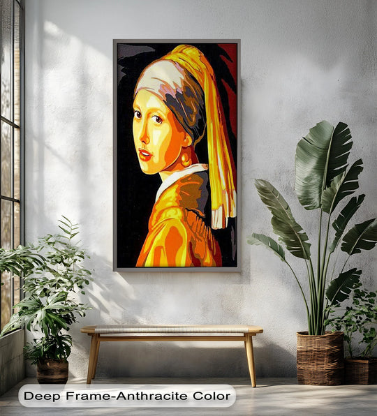 Blending from vibrant yellows to rich blacks, this modern oil painting art piece captures a striking rendition of the Girl with a Pearl Earring with impressive color transition.