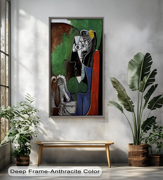 Exploring the layering effect within this bold Cubist-style Picasso oil painting art piece, revealing a woman and dog through abstract forms and colors.