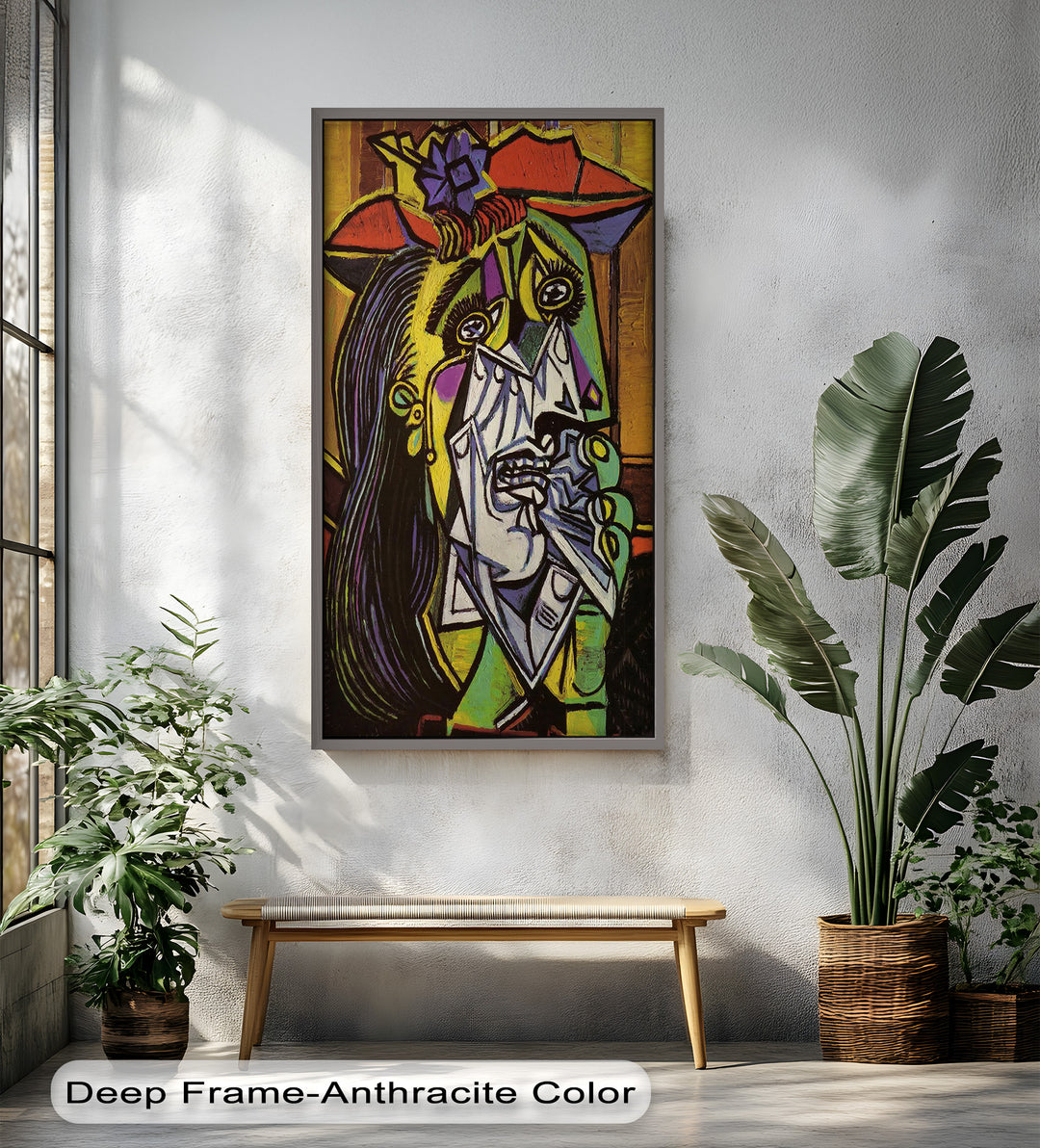 A powerful depiction of sorrow in a fragmented cubist style, blending bright reds, yellows, and purples with raw expression.