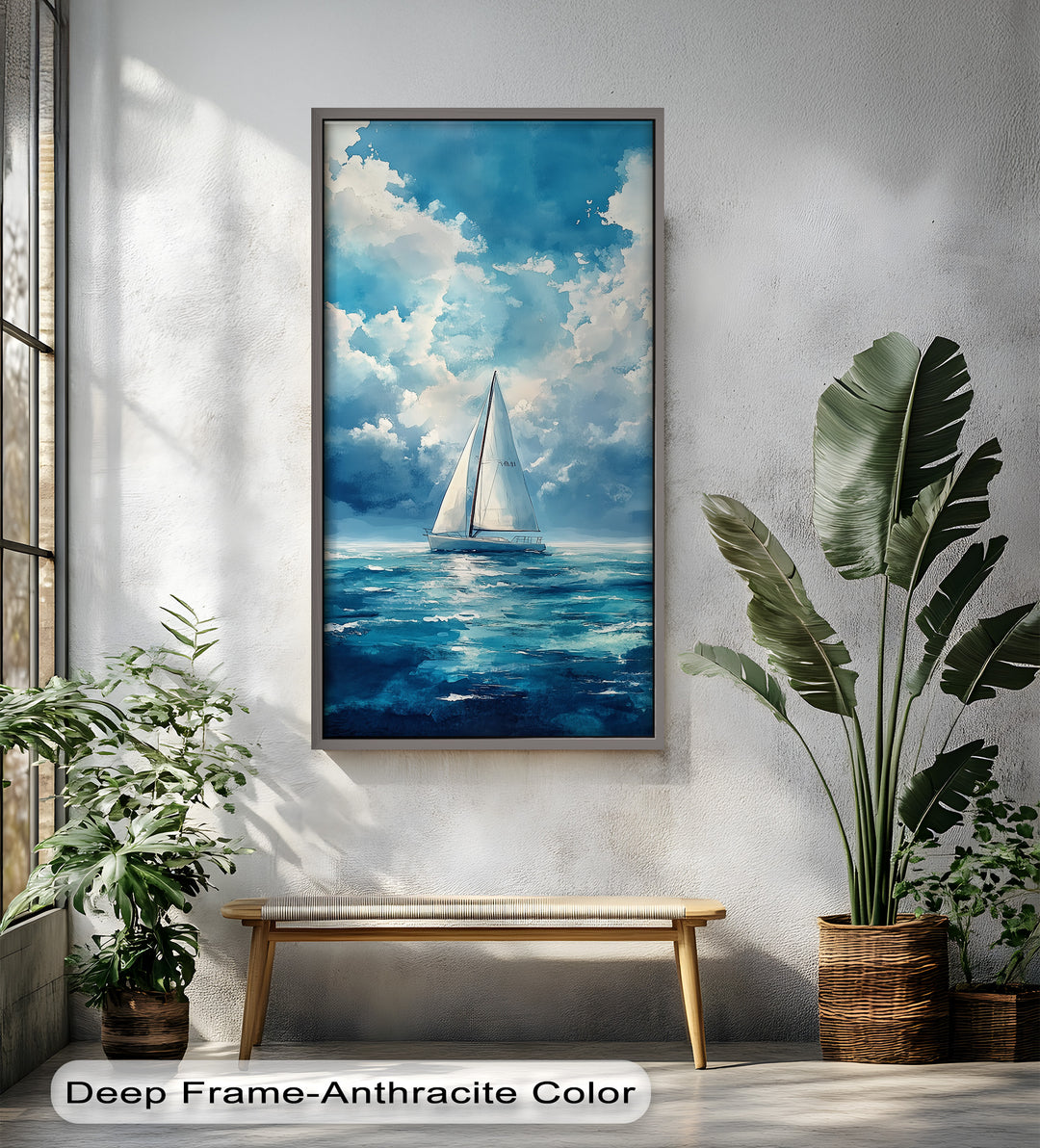 White Sailboat Blue Skies - Modern Oil Painting