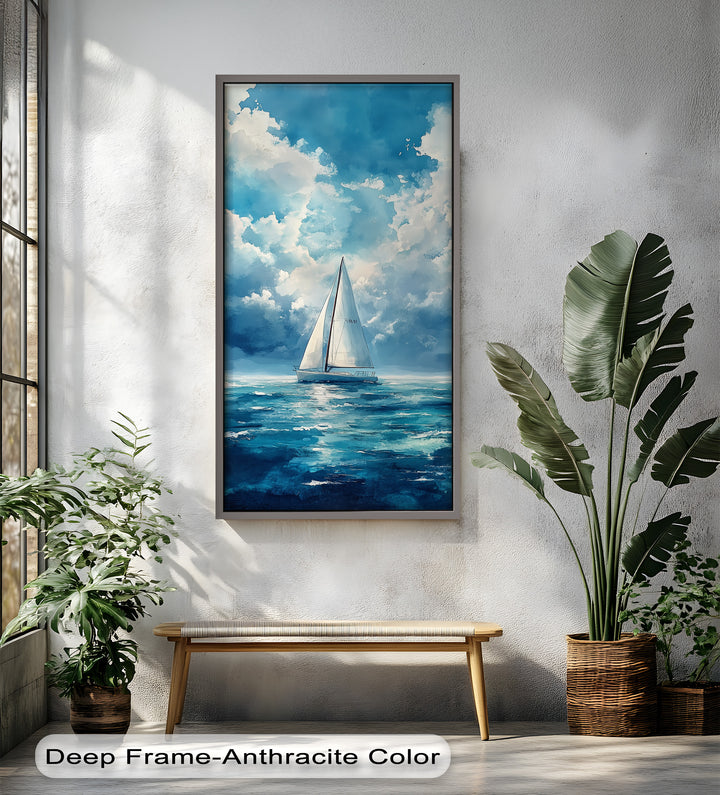 White Sailboat Blue Skies - Modern Oil Painting