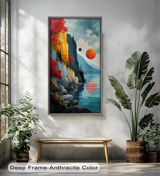 Reflecting in the water, the darkest area accentuates the crimson sun and cliffside silhouettes in this striking oil painting wall art of a surreal coastal dreamscape.