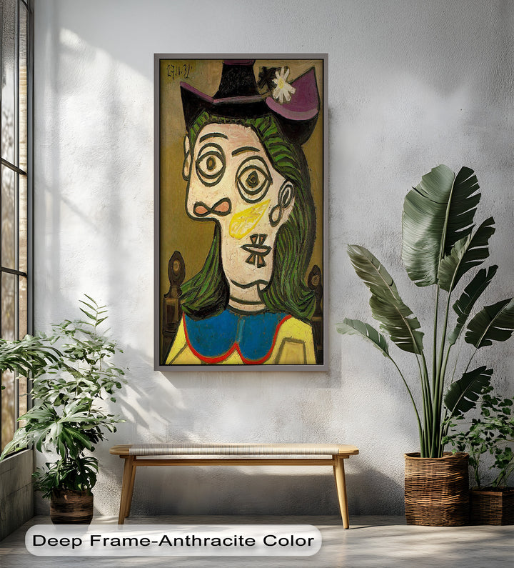 Whimsical Gaze – Abstraktes Porträt mit grünem Haar, kubistisches Ölgemälde