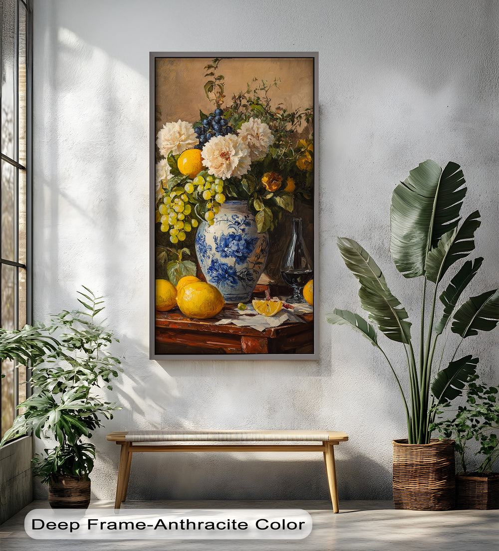 An expressive floral artwork featuring a bouquet of blue blossoms in a glass bowl, with petals scattered on the table.