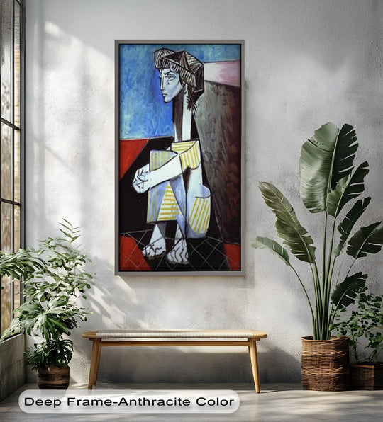 Visible brushstrokes and impasto define the surface texture of this 'Seated in Reflection' Picasso style abstract oil painting, bringing depth to the oil painting home decor.