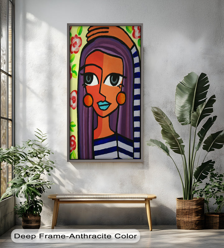Striped Muse – Vibrant Woman with Flowers Picasso Oil Painting