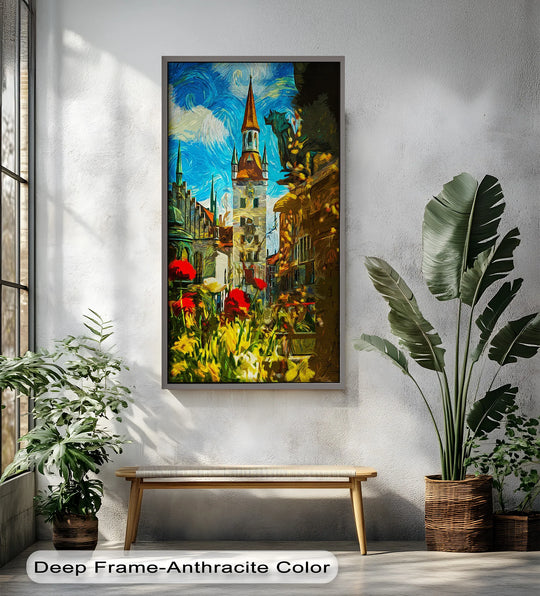 The focal point is the vibrant Sunlit Spires historic tower, depicted in vivid brushstrokes as part of the oil painting art prints featuring a starry sky.