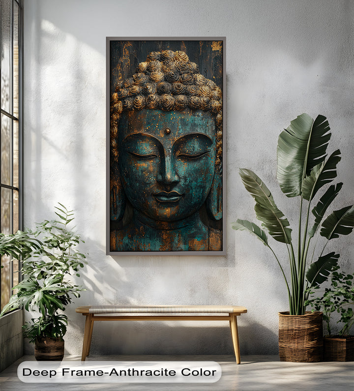 An elegant and aged Buddha sculpture in muted turquoise hues, symbolizing enlightenment and inner calm.