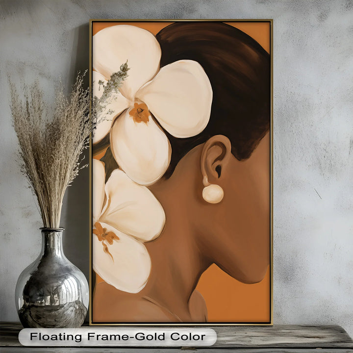 African Woman Wall Art – White Orchid Portrait Oil Painting - MyPhotoStation