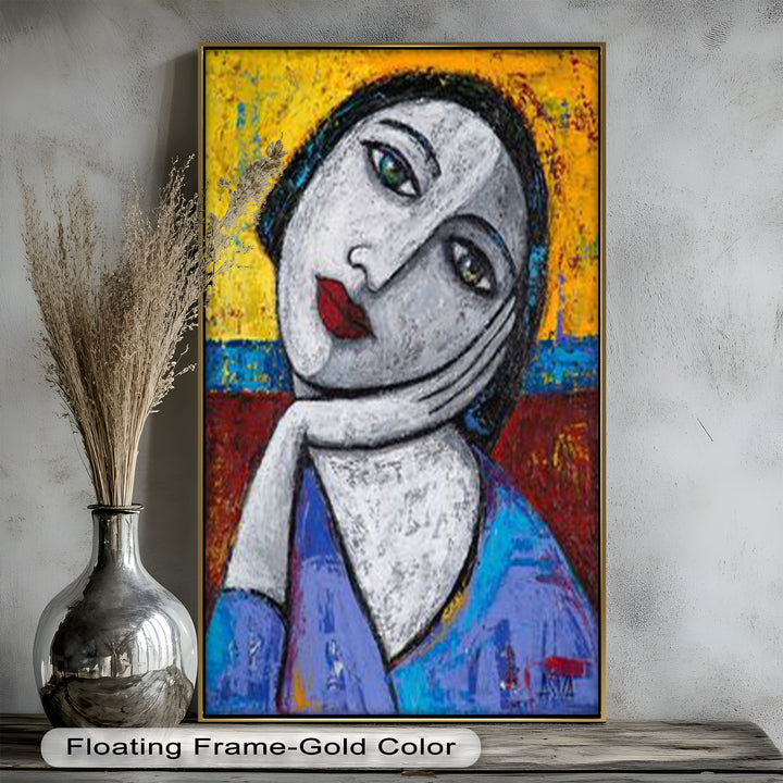 Restful Gaze – Expressionist Woman in Blue Picasso Oil Painting