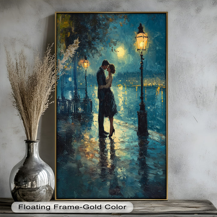 Moonlit Embrace – Lovers by the Lamplight Love Oil Painting