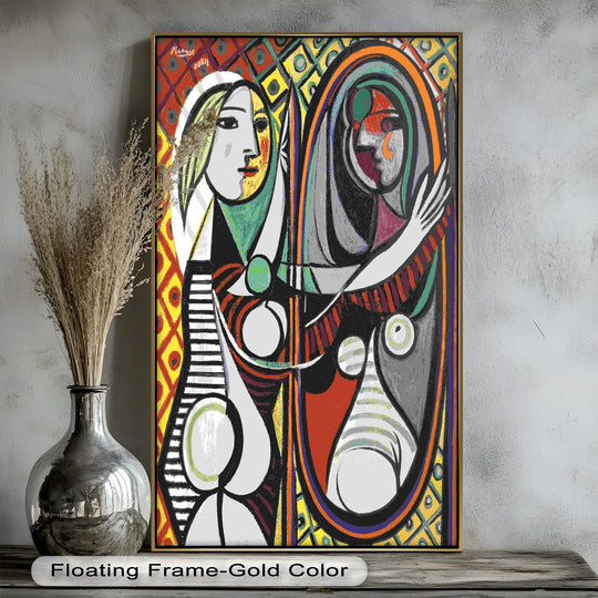 Vertical modern oil painting art showcases an abstract cubist mirror portrait of a woman in a rectangular shape reflecting the self.