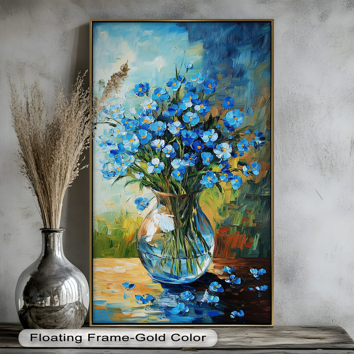 A bold and colorful impressionist-style depiction of blue flowers in a glass vase, with scattered petals creating a natural touch.