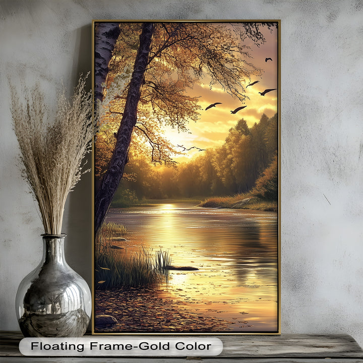 A poetic tribute to fall’s golden hour, this artwork blends tranquility, warmth, and natural harmony in a stunning riverside scene.