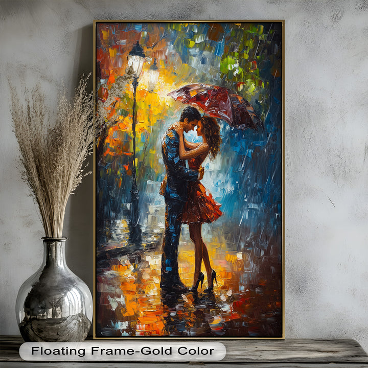 Embrace in Autumn Rain – Passionate Love Oil Painting