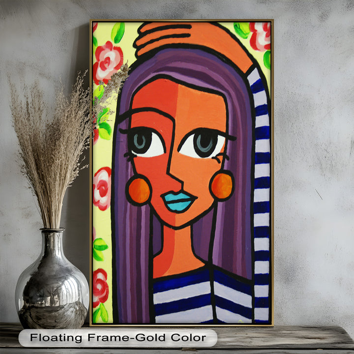 Striped Muse – Vibrant Woman with Flowers Picasso Oil Painting