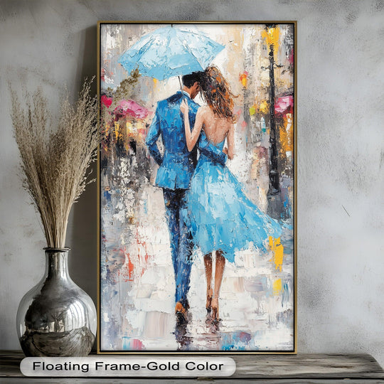 Vibrant blue hues dominate this impressionistic oil painting home decor, showing a romantic couple beneath an umbrella in the rain, drawing the eye immediately.