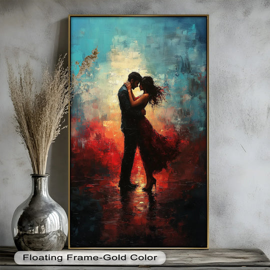 Shadowy reflections highlight the darkest area within this romantic oil painting wall art, 'Eternal Flame,' showcasing an embracing couple bathed in the sunset's passionate colors.