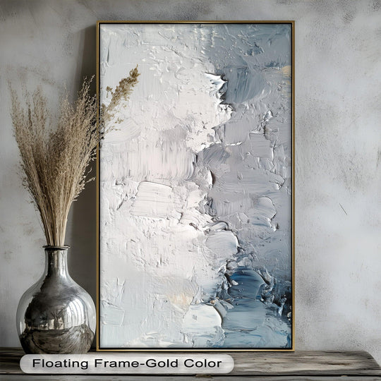 Highlighting geometric elements, this Iced Tides monochrome flow abstract oil painting art piece features textured rectangular and square brushstrokes in blue and white tones.
