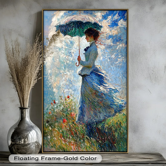 Dominant blues and greens create a tranquil mood in this impressionist 'Lady in the Breeze' oil painting art piece, portraying a windswept scene filled with grace.