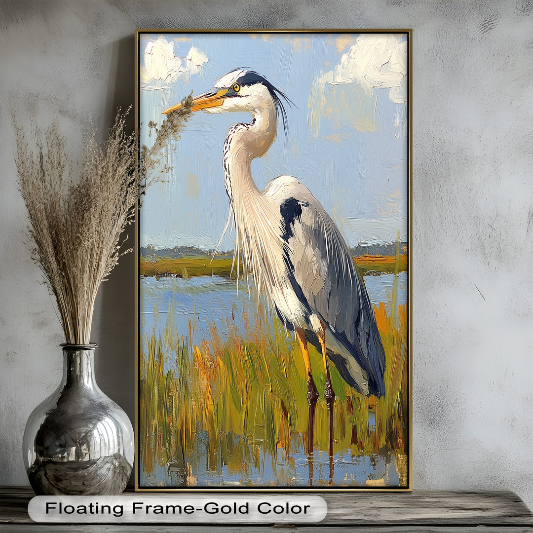 Heron in Sunlit Wetlands - Animal Oil Painting