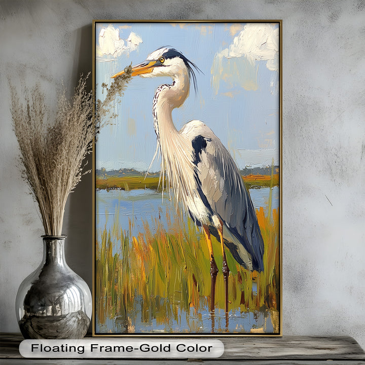 Heron in Sunlit Wetlands - Animal Oil Painting