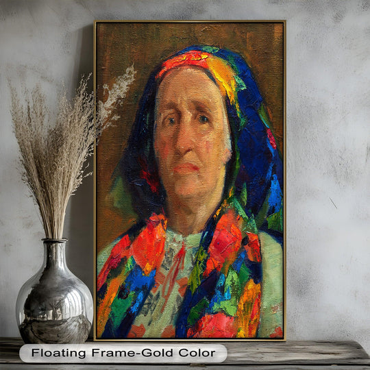 Bold, impasto strokes define the matriarch's vivid folk scarf in this expressive folk portrait oil painting art prints, instantly grabbing the viewer's attention.