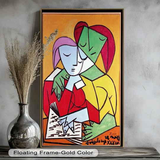 Warm color temperature radiates from this oil painting reproduction print featuring cubist lovers in an embrace, in the abstract style of Picasso.