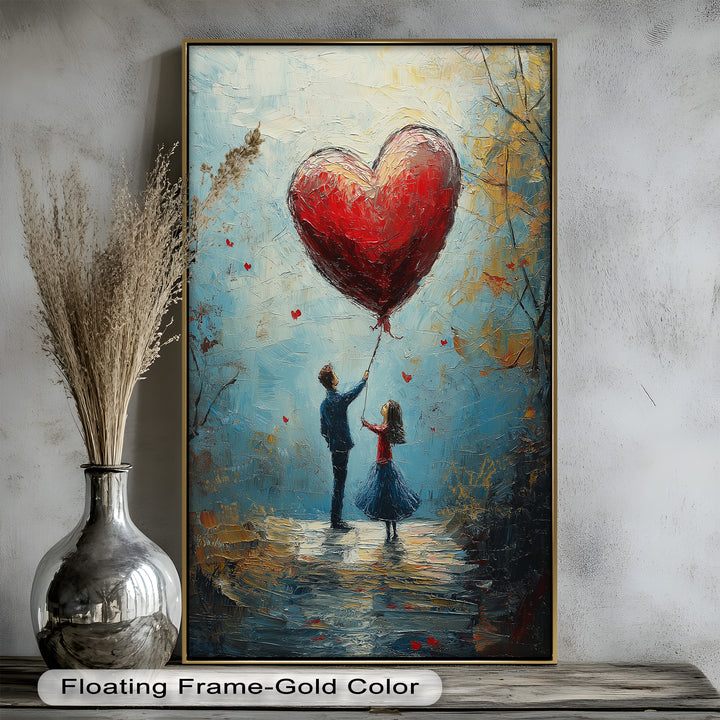 Heart Balloon Dreams – Whimsical Couple Love Oil Painting