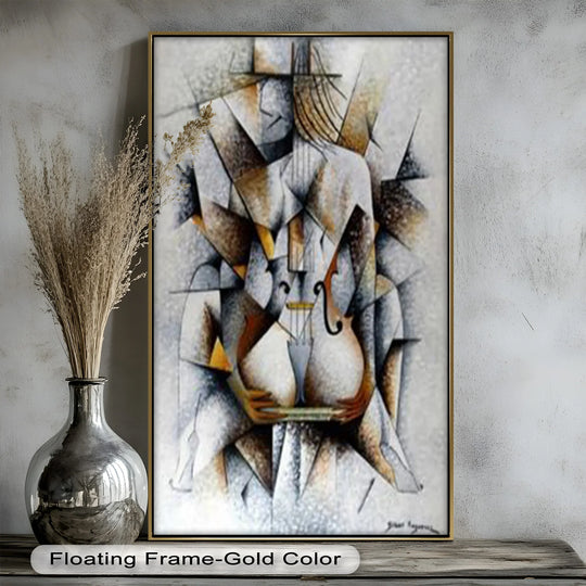 Contrasting light and dark shades define the cubist figure in this 'Cubist Nude with Violin' oil painting art piece, creating an intense visual depth.