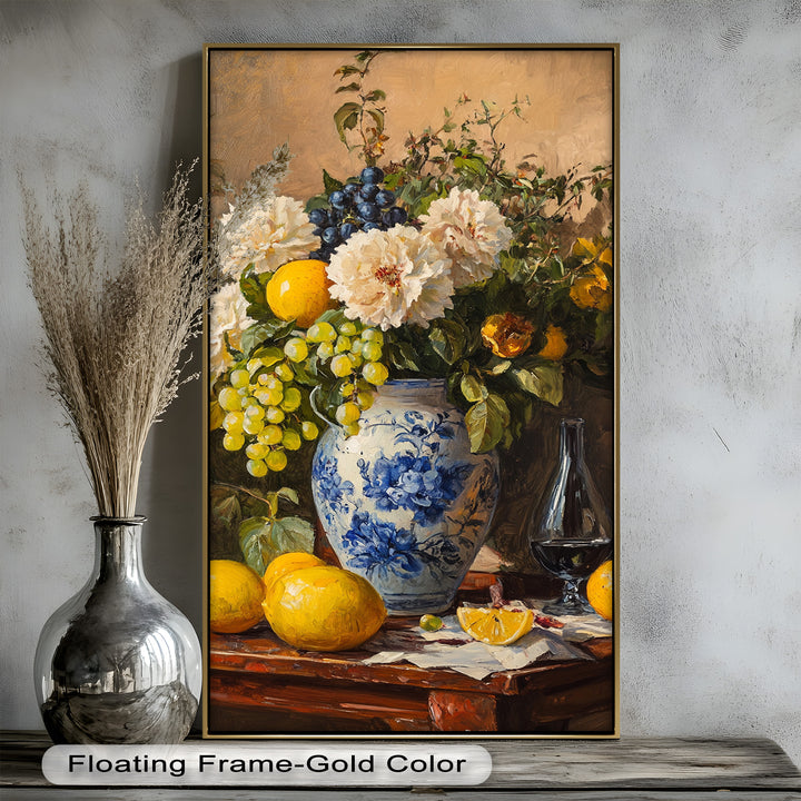 A richly textured painting of wild blue flowers in a transparent vase, surrounded by warm and cool brushstrokes.