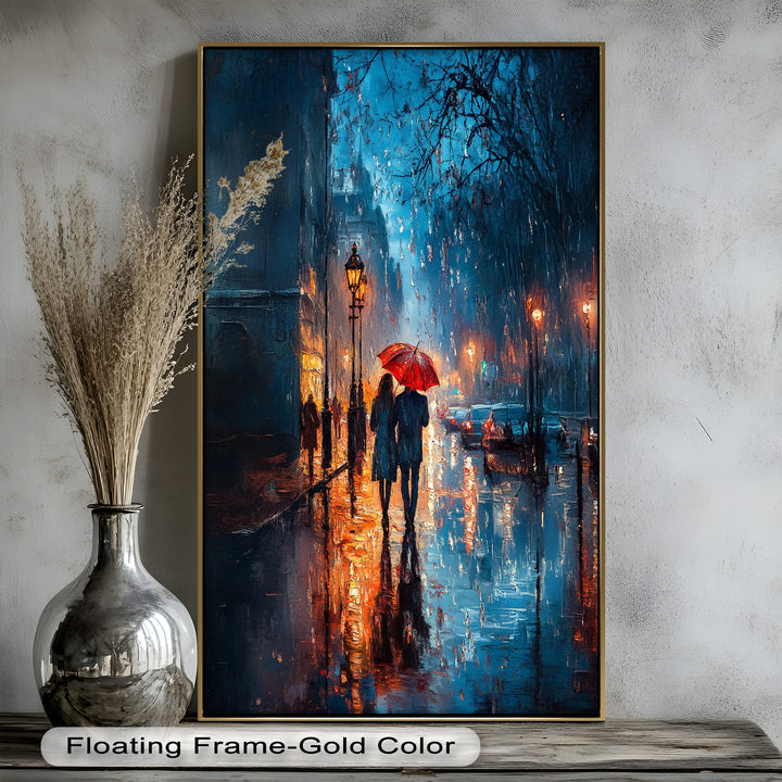 Romantic Couple in Rainy City - Love Oil Painting