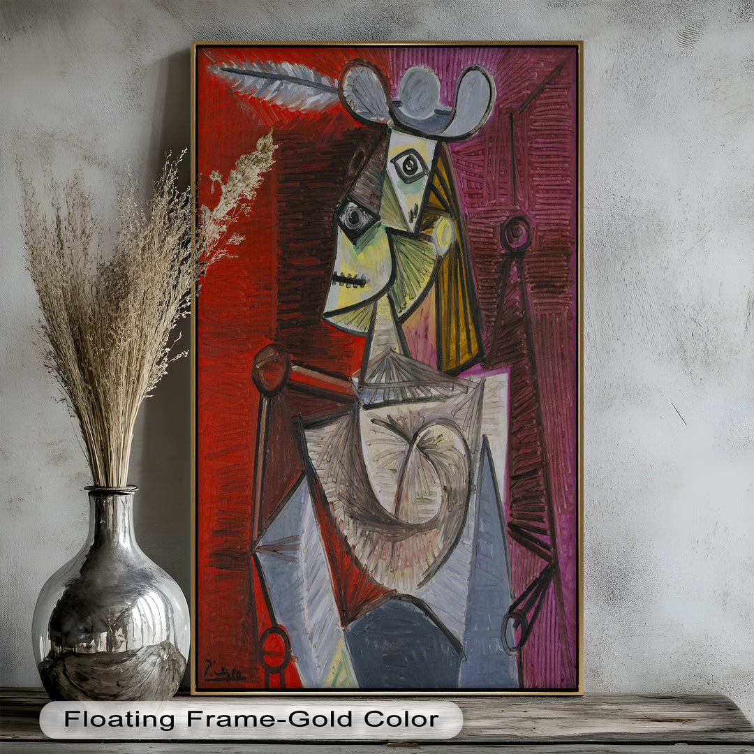 Bold in Crimson – Woman with Feather Hat Abstract Oil Painting
