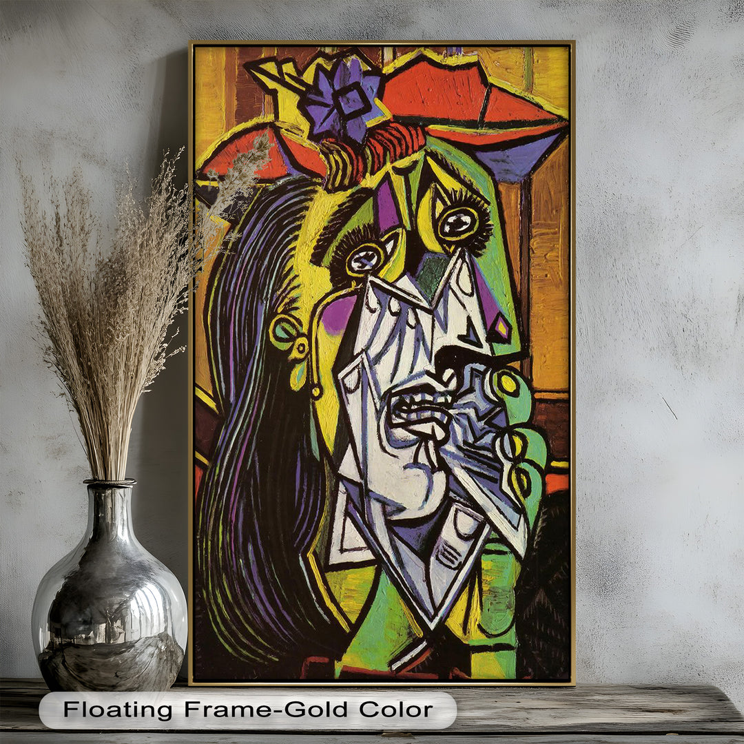 A stylized modernist portrait showing a woman in anguish, her face fractured into geometric shapes and vibrant hues.