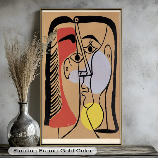 Framed with a thin gold border, this Picasso-inspired geometric gaze is a stunning oil painting artwork featuring an abstract dual-faced portrait.