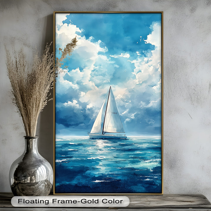 White Sailboat Blue Skies - Modern Oil Painting