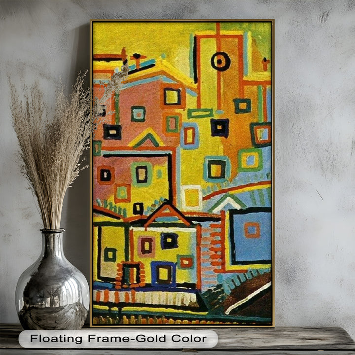 A playful, cubist-style painting of houses stacked atop one another, rendered in bright colors and rhythmic shapes.