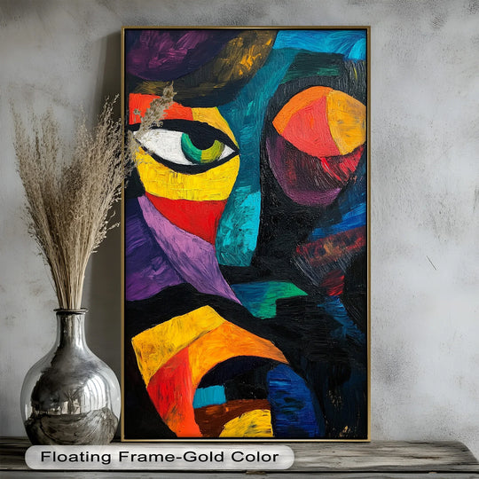 Smooth transition between the vibrant yellow, red, and purple hues defines this modern faces abstract oil painting home decor, adding depth and visual interest to the colorful art.