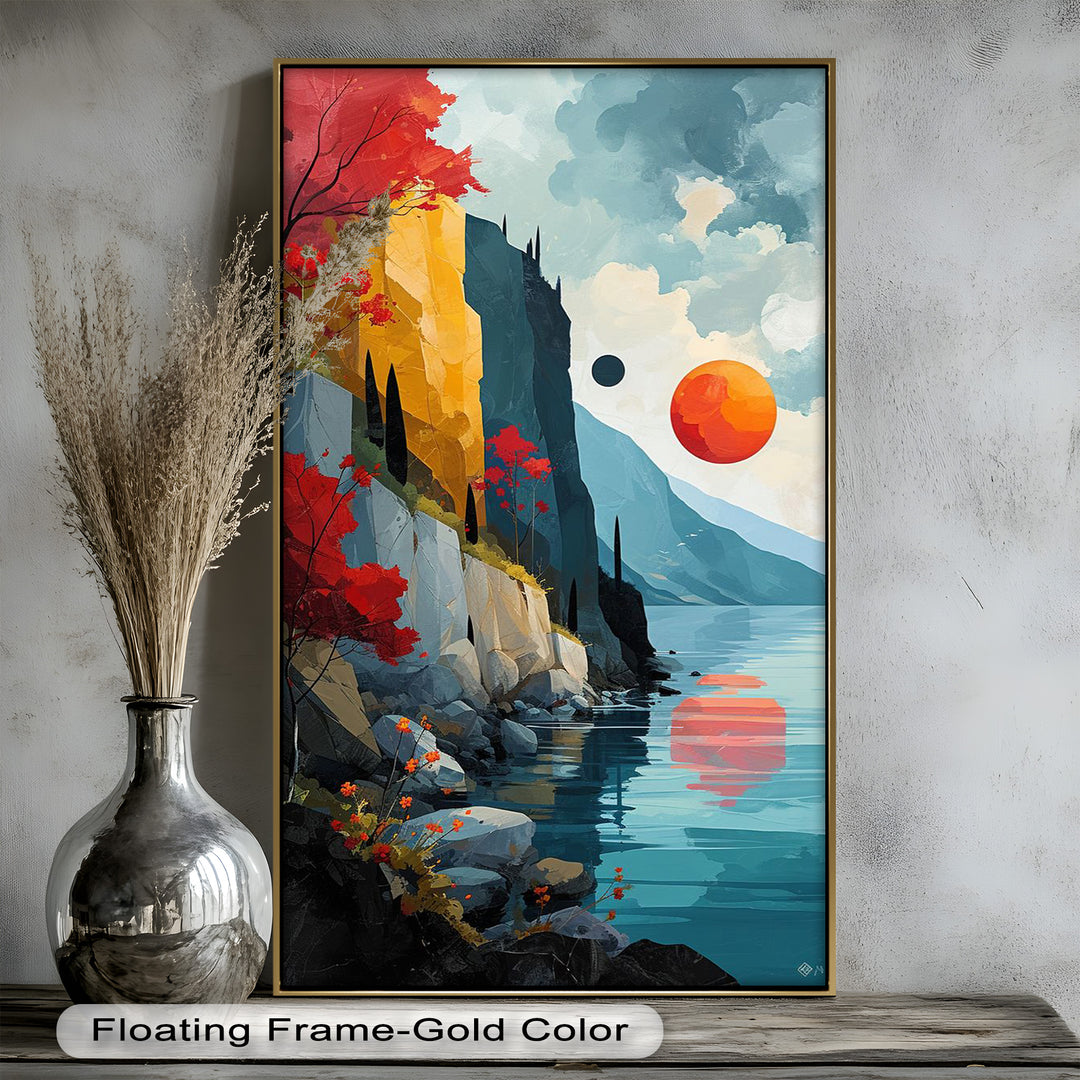 Crimson Horizons – Surreale Küstentraumlandschaft, abstraktes Ölgemälde