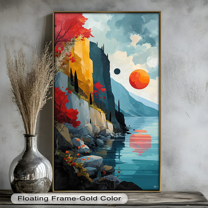 Crimson Horizons – Surreale Küstentraumlandschaft, abstraktes Ölgemälde