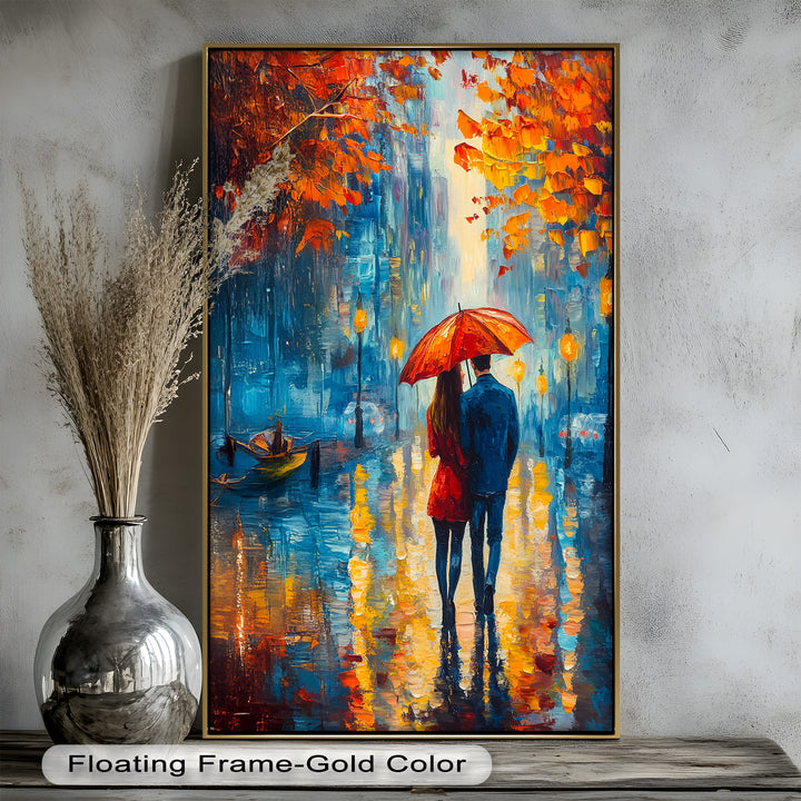 Romantic Couple Strolling Under Red Umbrella - Love Oil Painting