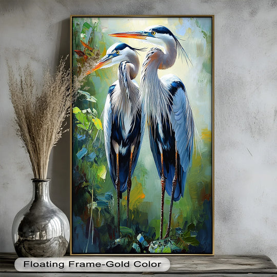 Stillness captured in this animal oil painting home decor shows a pair of herons rendered in tranquil shades, embodying quiet elegance and verdant, shaded artistry.