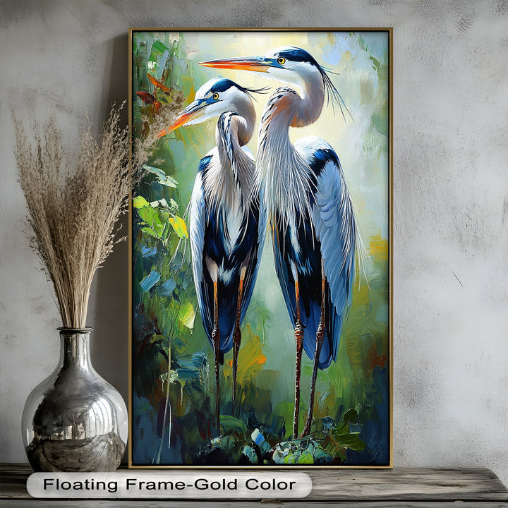 Two Herons Among Verdant Shadows - Animal Oil Painting
