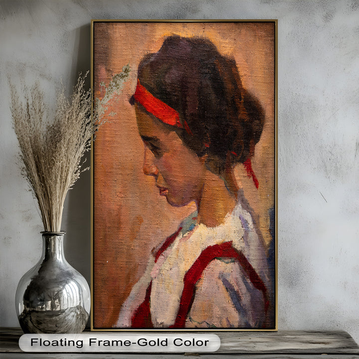 Crimson Reverie – Side Portrait of a Girl in Red Headband Oil Painting