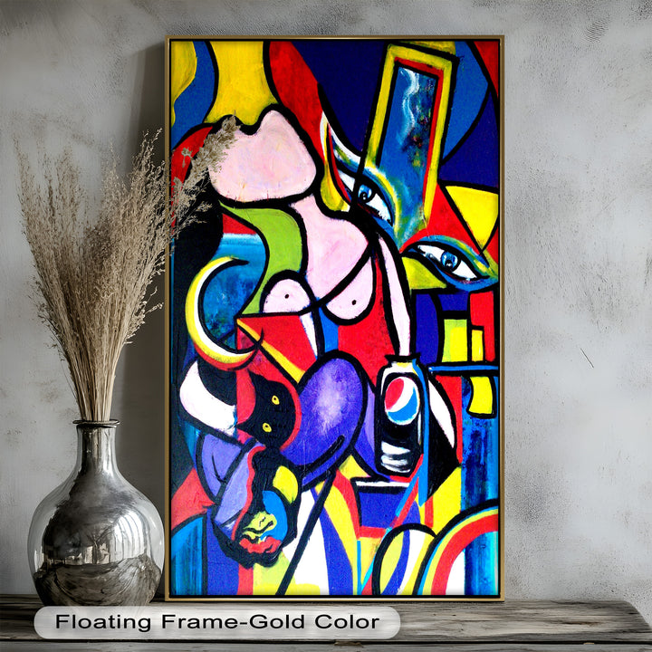 Pop Cubist Woman Wall Art – Abstract Framed Oil Painting