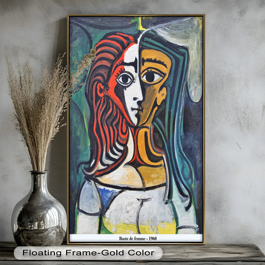 Vertical rectangular oil painting art piece features a Picasso-inspired cubist portrayal of a woman's face in contrasting colors and bold lines.