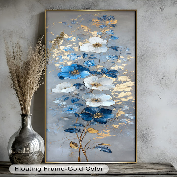 A modern floral painting with textured petals in shades of blue and white, complemented by golden highlights and soft shadows.