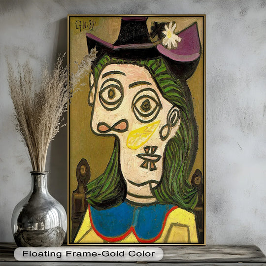 With its warm color temperature, this oil painting home decor showcases a whimsical abstract portrait with the subject's green hair contrasting against a golden backdrop.
