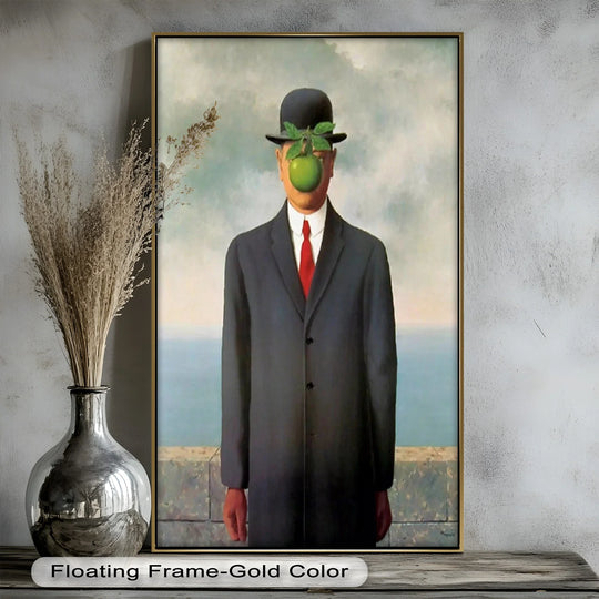 Showing the layering effect, the surrealist oil painting artwork presents a suited gentleman obscured by a floating apple, evoking mystery in modern art.