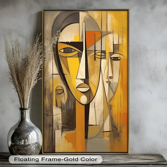 Revealing the realistic detail of this golden 'Golden Echoes' oil painting reproduction print that showcases cubist faces with its textured brushstrokes and intricate geometric patterns.